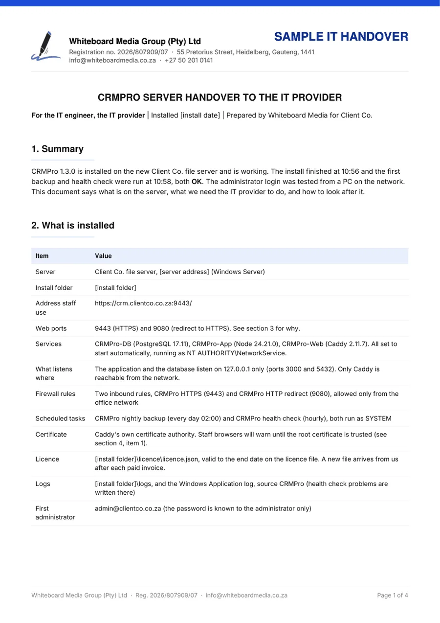 A sample handover document, details removed