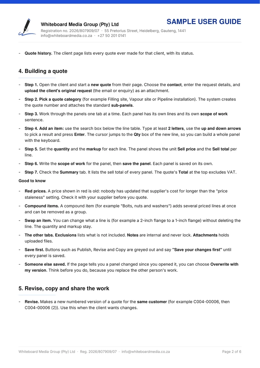 A sample handover document, details removed