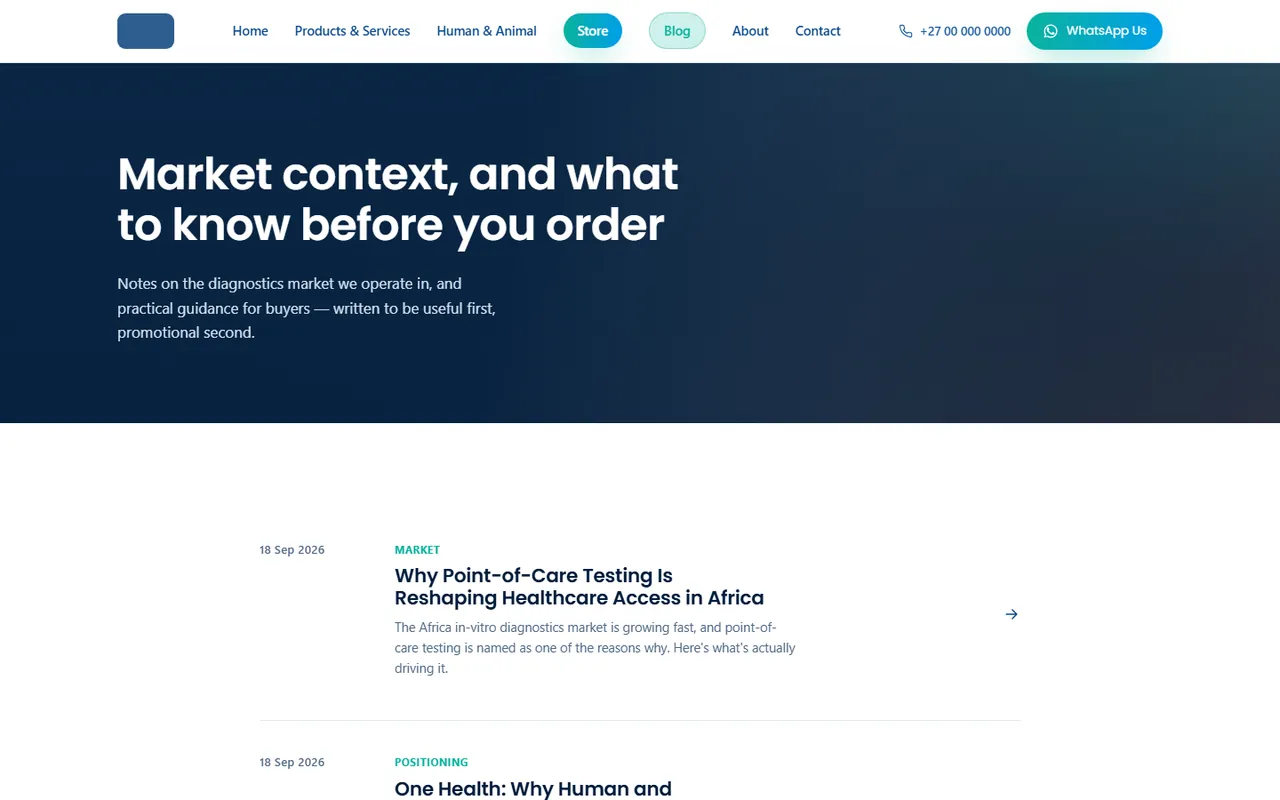 A website, product catalogue and blog for a diagnostics importer, another page