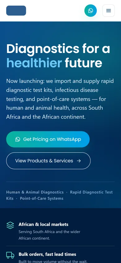 A website, product catalogue and blog for a diagnostics importer on a phone
