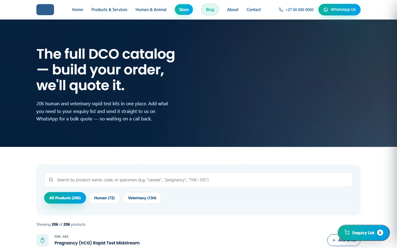 A website, product catalogue and blog for a diagnostics importer, another page