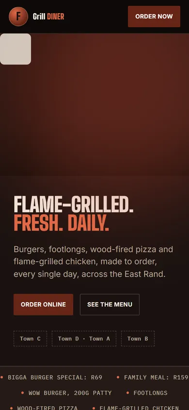 An ordering-led site for a grill diner on a phone