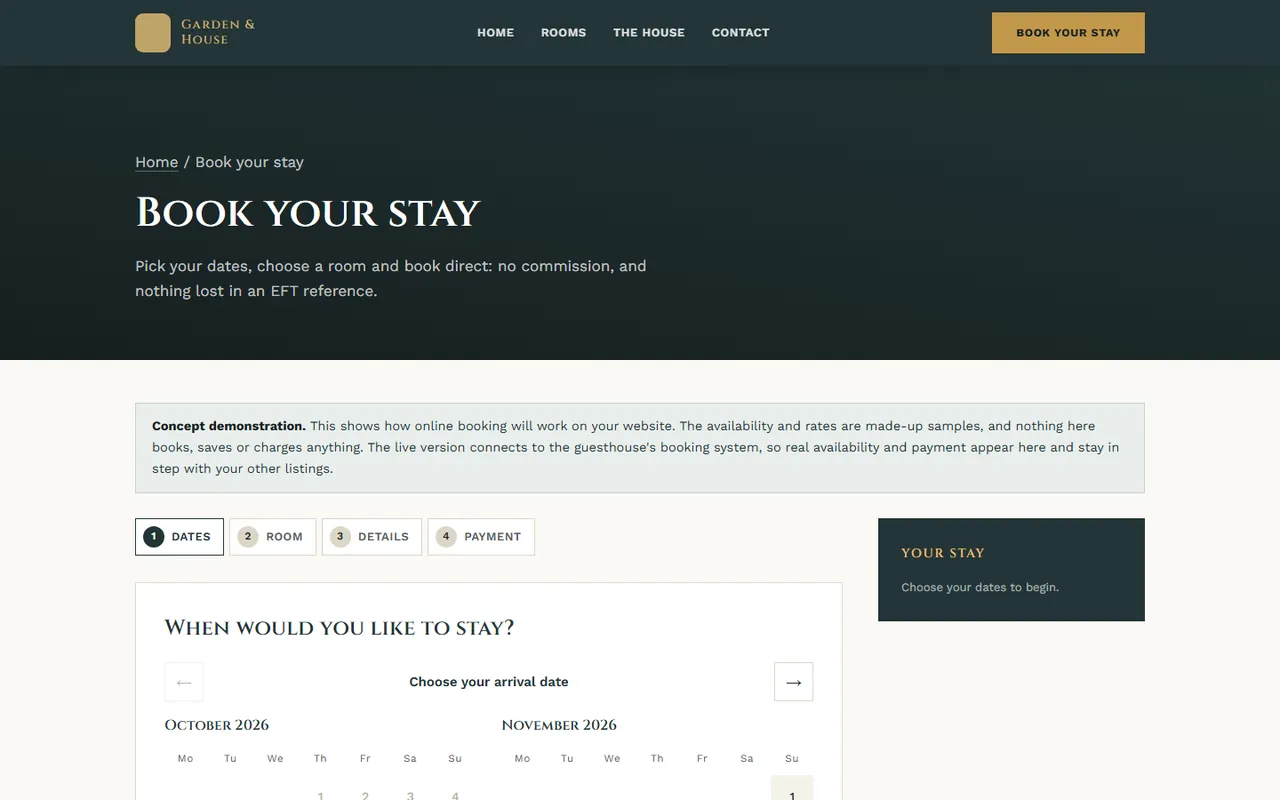 A direct-booking site for a small guesthouse, another page