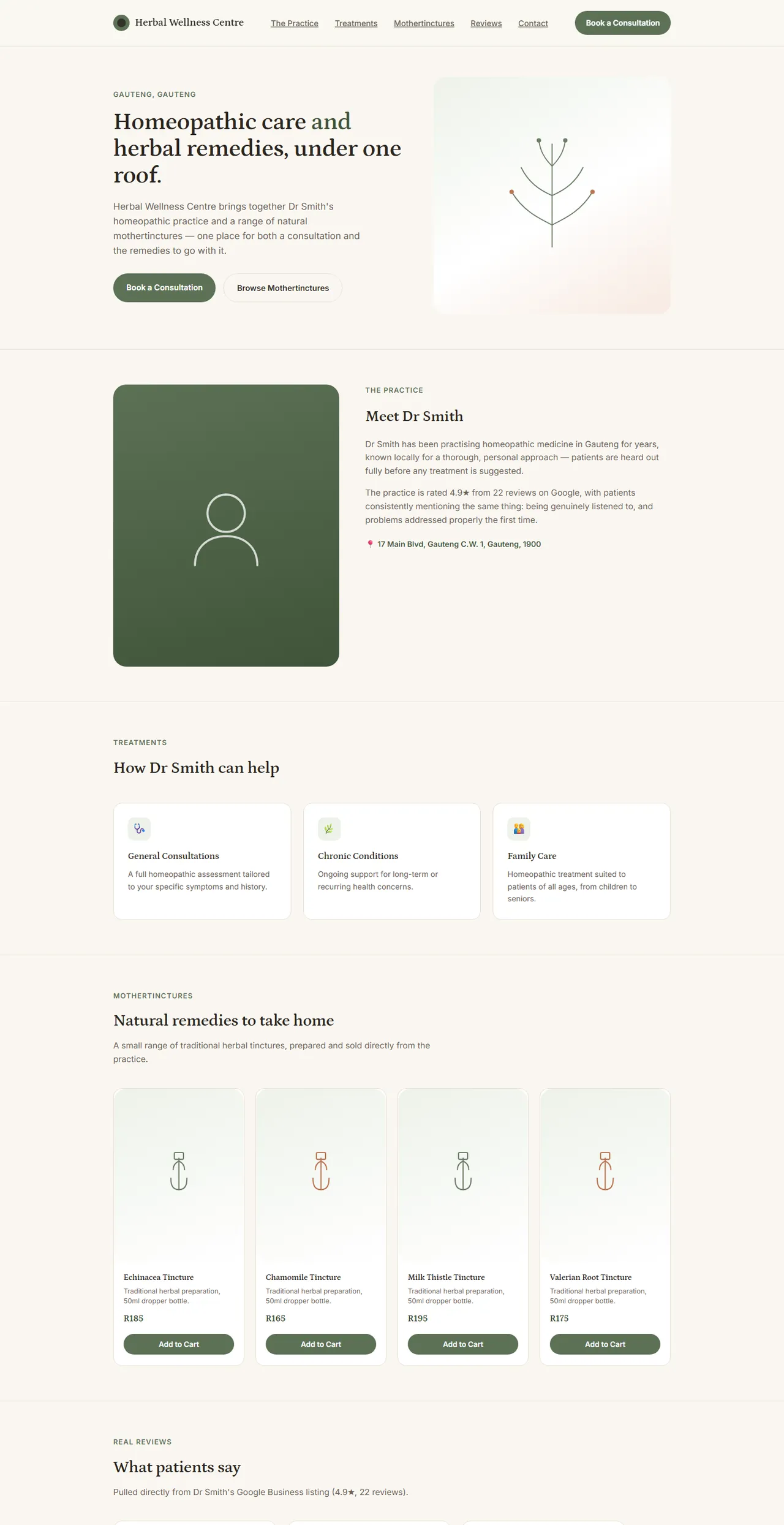 A practice website with an online shop, full page