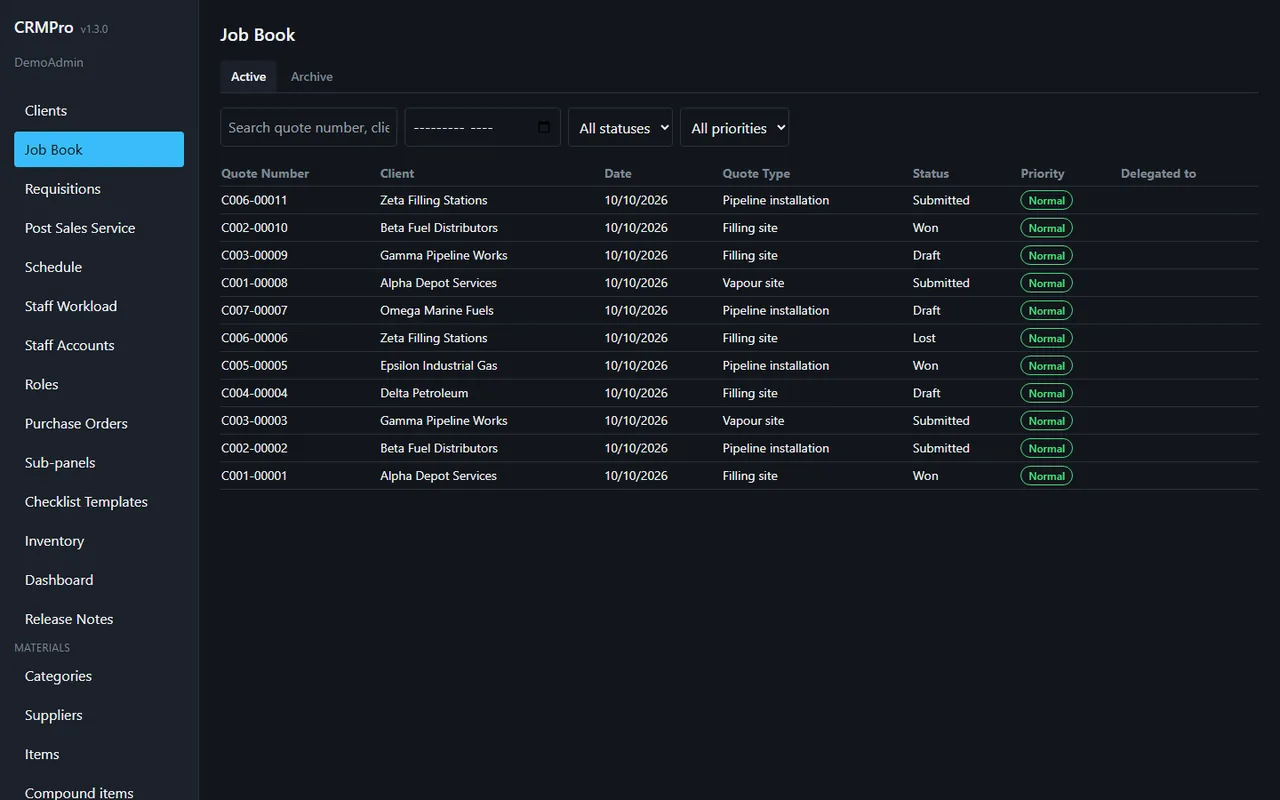The job book listing every quote, with demo data