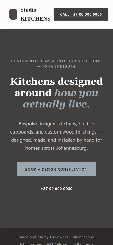 A showroom site for a custom kitchen maker on a phone