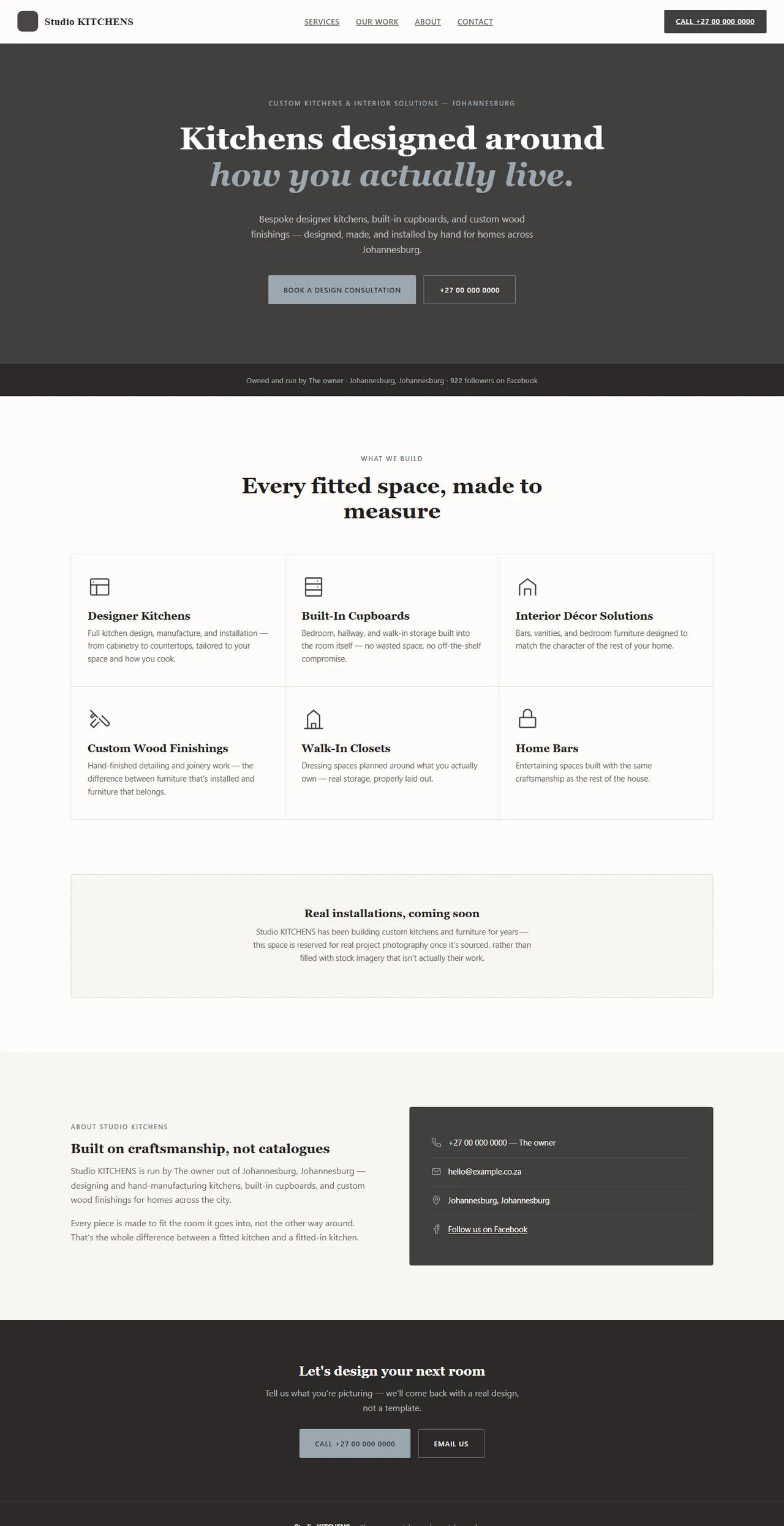 A showroom site for a custom kitchen maker, full page