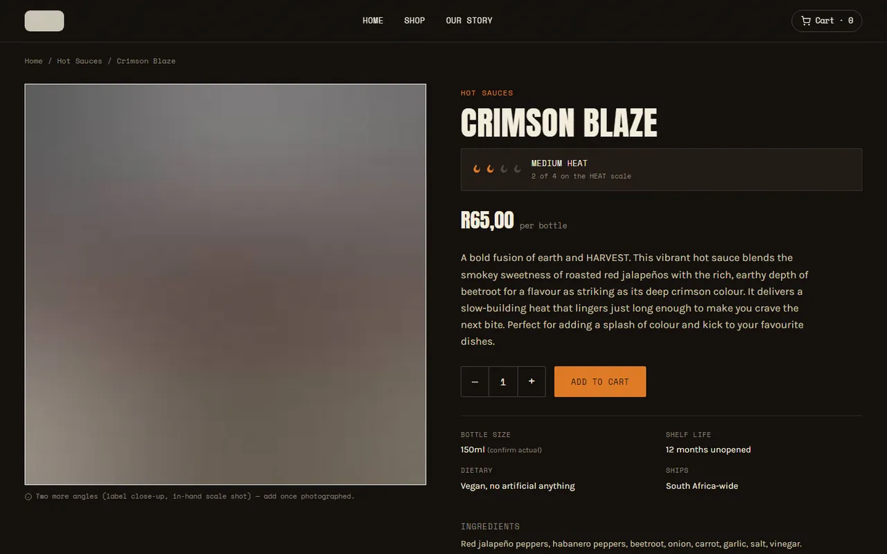A small-batch sauce brand: shop and ad mockups, another page